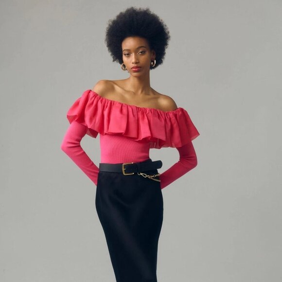 By Anthropologie Off-The-Shoulder Organza Ruffle Top Pink Long Sleeve Blouse XXS - Picture 2 of 8
